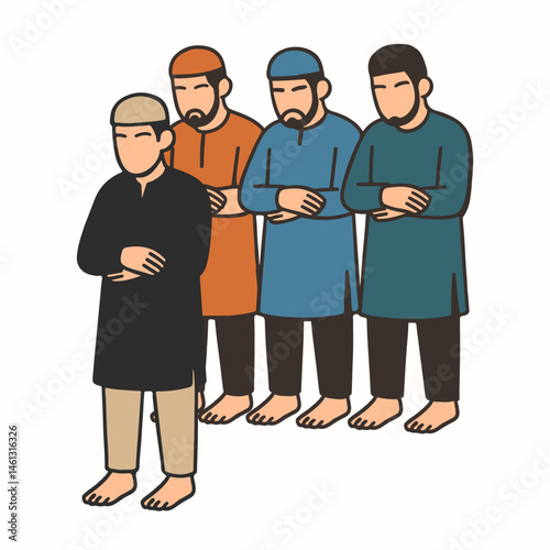 illustration of Muslim men performing congregational prayers. Islamic congregational prayer