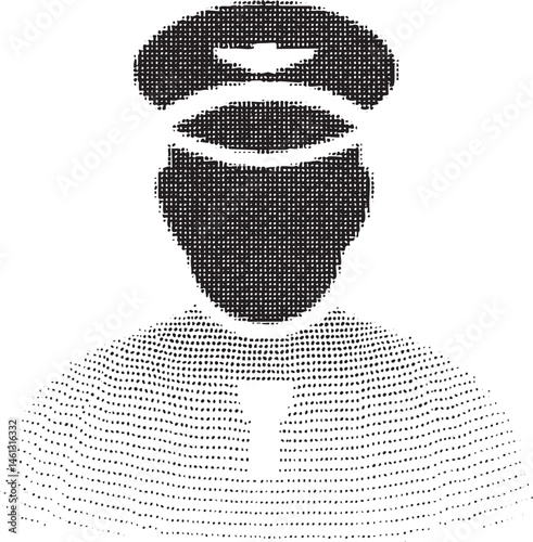 A stylized black and white portrait depicts a figure with a prominent telephone handset superimposed over a textured collar.
