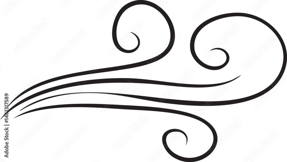 Fototapeta premium A stylized black wind swirl gracefully curves against a white background.
