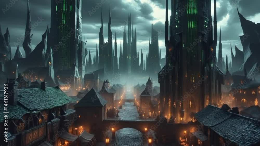 Digital artwork depicts a dark fantasy city with towering structures and ominous atmosphere Digital artwork depicts a dark fantasy city with towering structures and ominous atmosphere