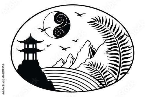 70 Minimalist black and white landscape, circular composition, Asian-inspired scenery, silhouette of pagoda, stylized waves, curling fern leaf, flying birds, striped sun, rocky mountains, tranquil oce