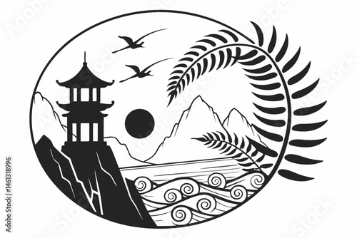 70 Minimalist black and white landscape, circular composition, Asian-inspired scenery, silhouette of pagoda, stylized waves, curling fern leaf, flying birds, striped sun, rocky mountains, tranquil oce