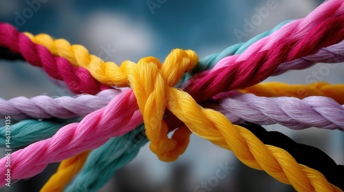 Close-up of Multicolored Twisted Rope Knots with Bright Vibrant Threads Background