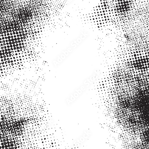 Black and white dots create a textured background with an irregular border.