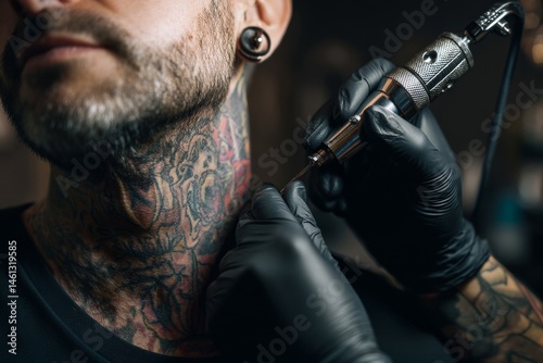 A professional tattoo artist carefully applies ink to a client's neck, creating body art.