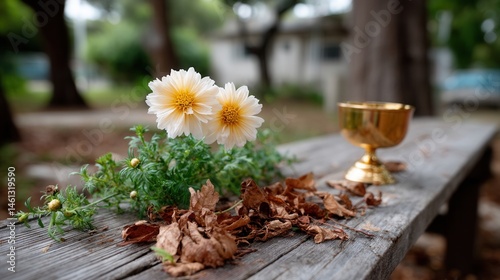 Golden chalice and autumn leaves on rustic wooden bench with blooming flowers in a garden scene photo