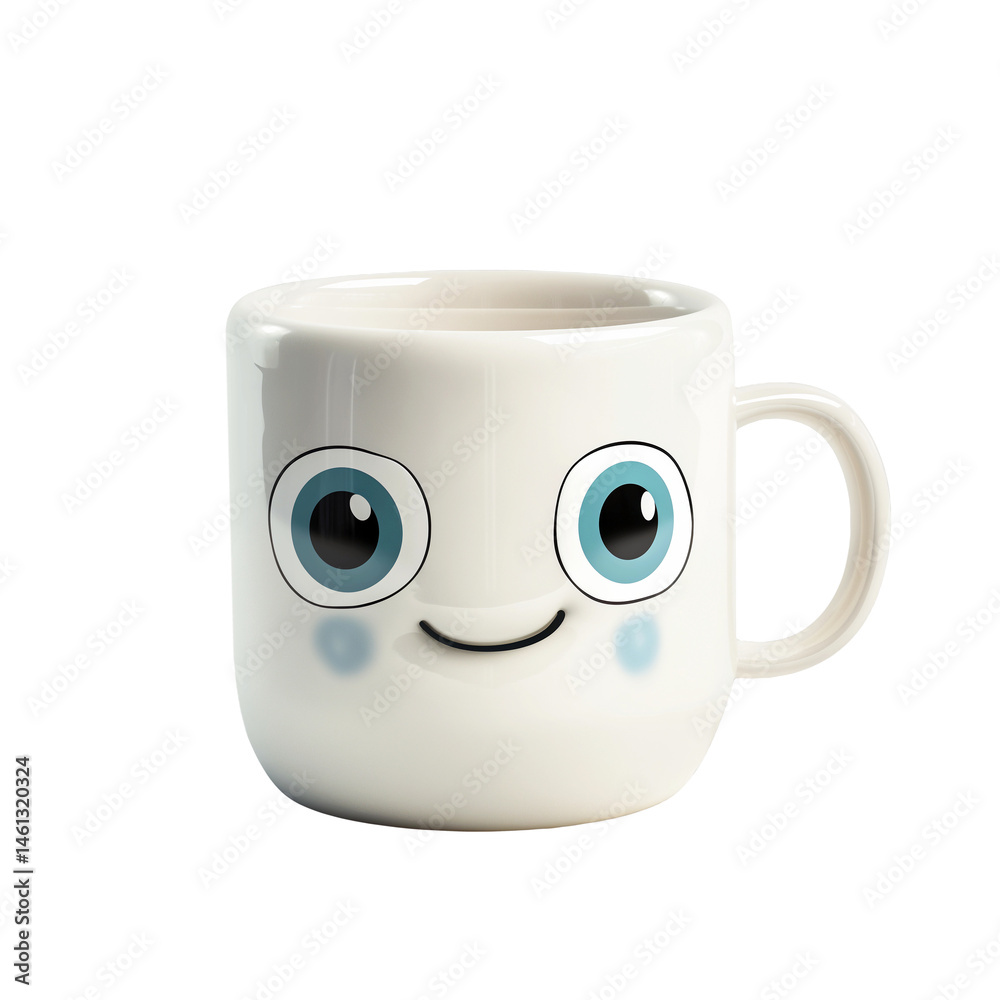 A white mug with blue eyes and a smiling mouth. Isolated on transparent background A white mug with blue eyes and a smiling mouth. Isolated on transparent background