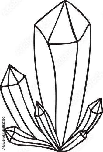 Three crystalline formations stand upright showcasing geometric shapes and sharp edges.