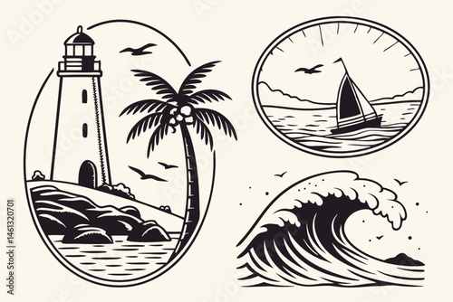 71 Black and white illustrations, coastal scenes, lighthouse on rocky shore, sailboat under moonlight, palm tree silhouette, ocean waves, seabirds in flight, sunset over waves, minimalist seascape, ci
