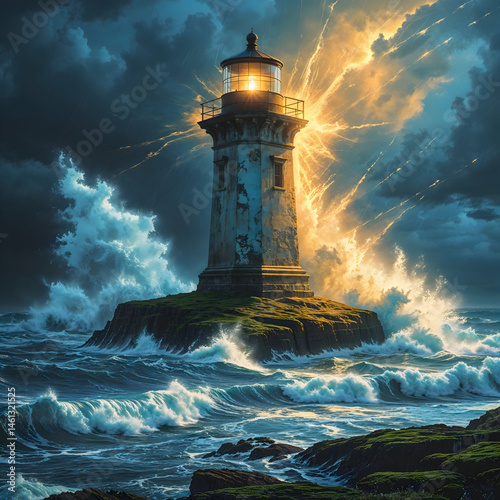 A lonely lighthouse on a rocky coast during a dramatic storm, crashing waves, cinematic lighting, digital art