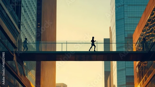 Silhouette of a businesswoman running on a skybridge at sunset, linking modern office buildings in a vibrant urban landscape, capturing the essence of fast paced business life