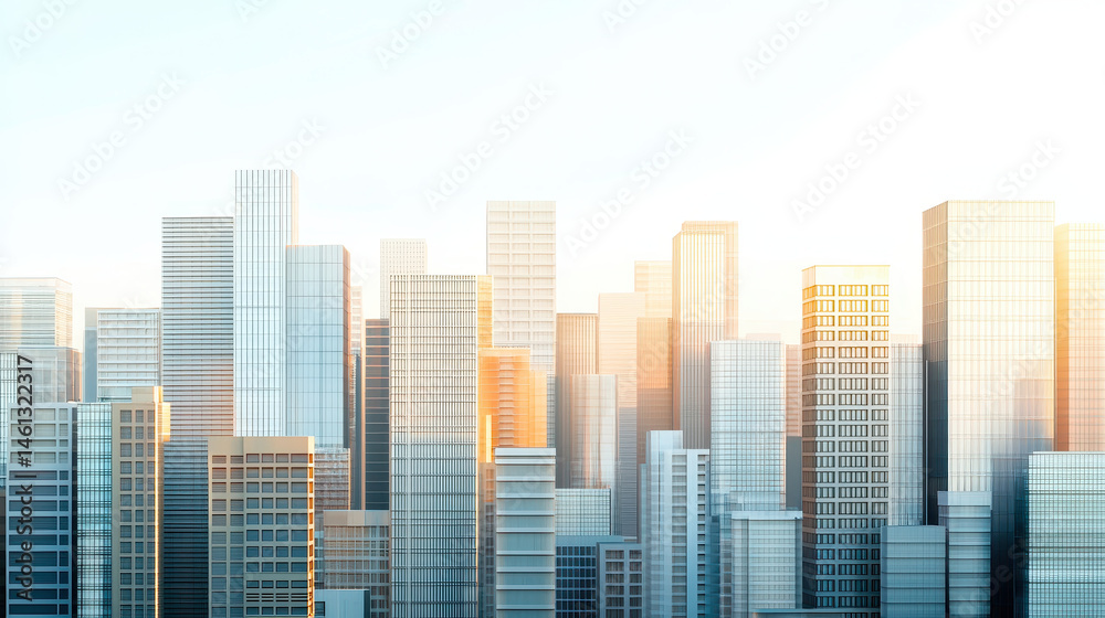 Obraz premium Minimalistic cityscape with modern skyscrapers reflecting sunlight, showcasing blend of glass and concrete structures