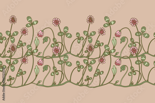 Botanical floral seamless border isolated on beige background. Hand drawn doodle clover plant with pink Flowers Stems green Leaves vector illustration. Graphic design element for Birthday Wedding Card