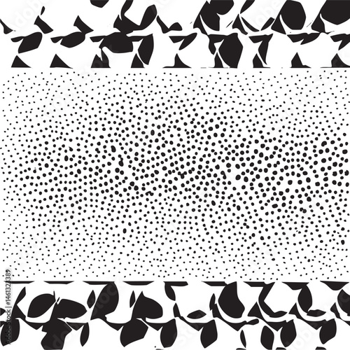 Black and white abstract shapes form a layered