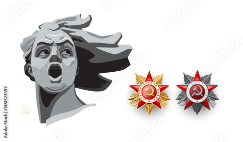 Happy Victory Day! Banner design. Portrait of the monument "Motherland Calls", Volgograd. Inscription in English and Russian. Order of the Patriotic War, World War II 1941-1945. Vector illustrations