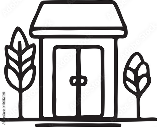 A simple shaded shed stands beside two leafy plants.