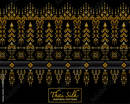 Seamless pattern background. Inspired by traditional Northern Thai silk pattern. Colored in Black and Gold.