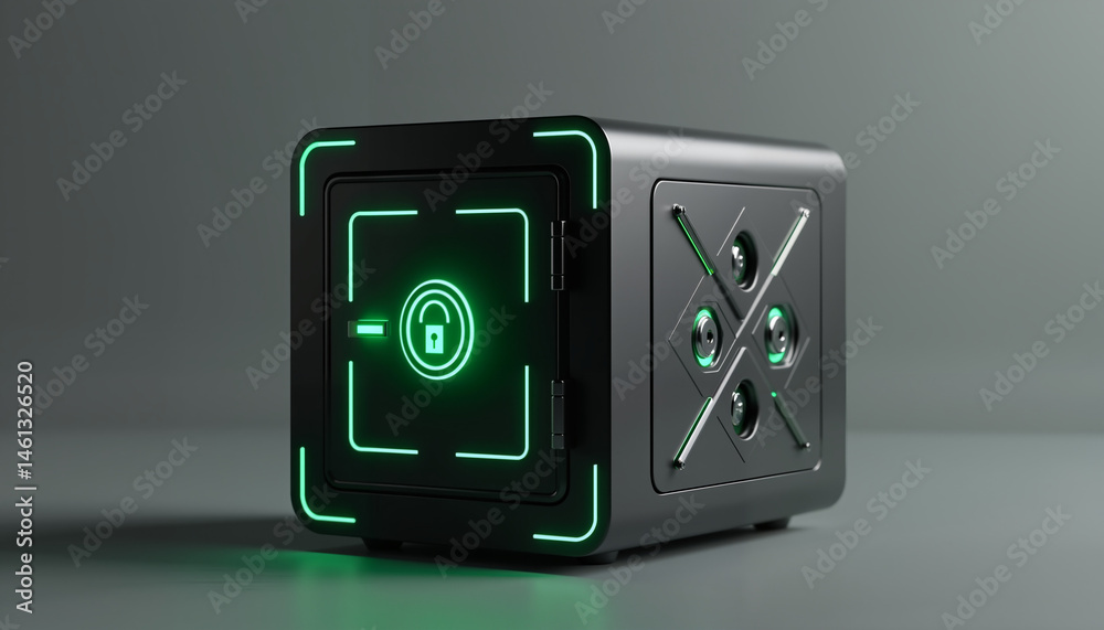 Futuristic security box glowing in green against a grey background Futuristic security box glowing in green against a grey background