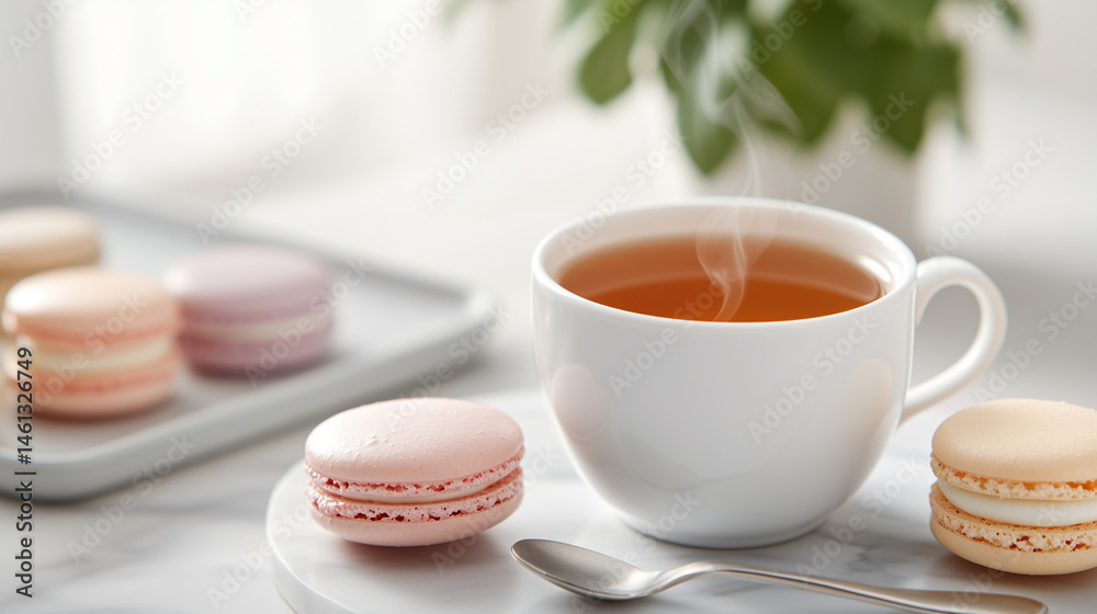 Sweet colorful macarons and steaming tea on a cozy marble light table Sweet colorful macarons and steaming tea on a cozy marble light table