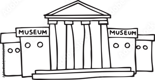 A simple black and white depicts a classical museum building.