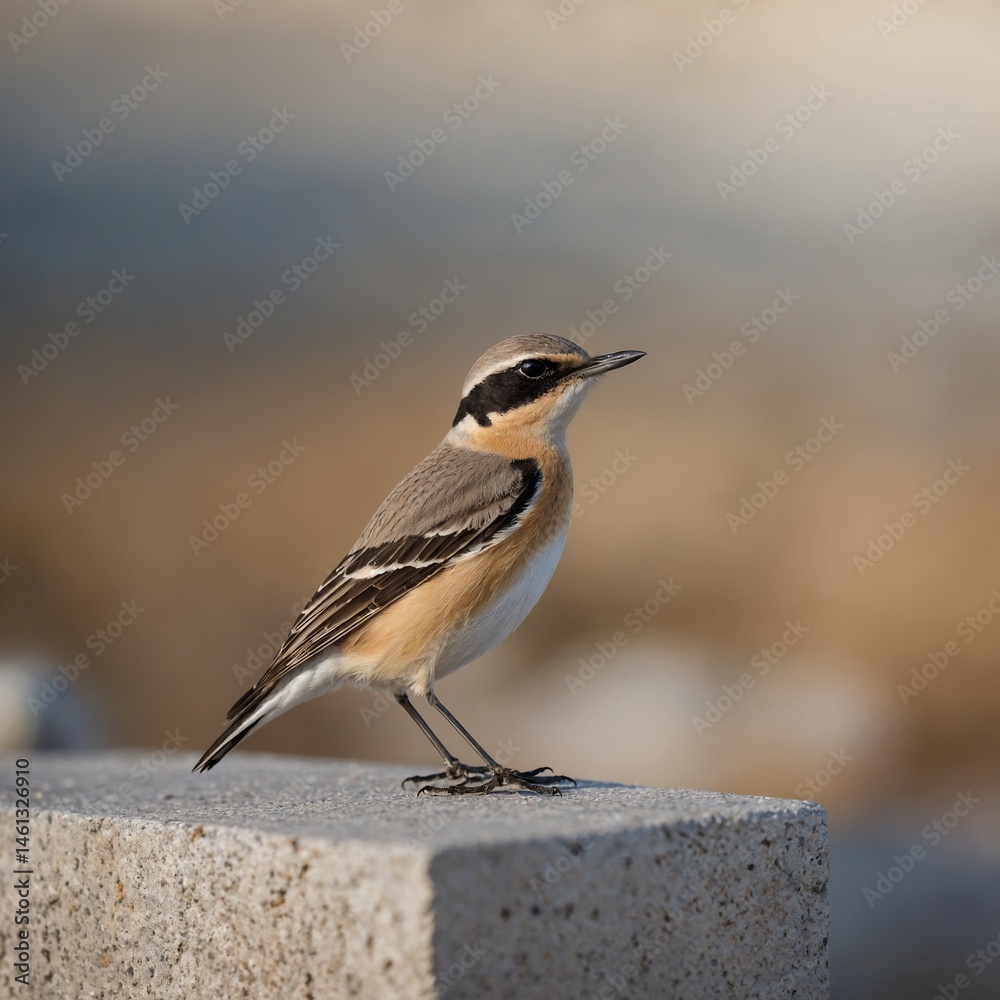Fototapeta premium orthern Wheatear on Concrete Ledge.