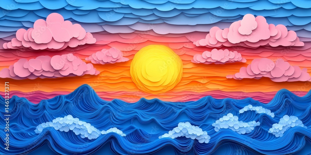 Fototapeta premium Dreamy Paper Artwork, Abstract Sunset with Ocean Waves Pattern, Contemporary Layered Art Design