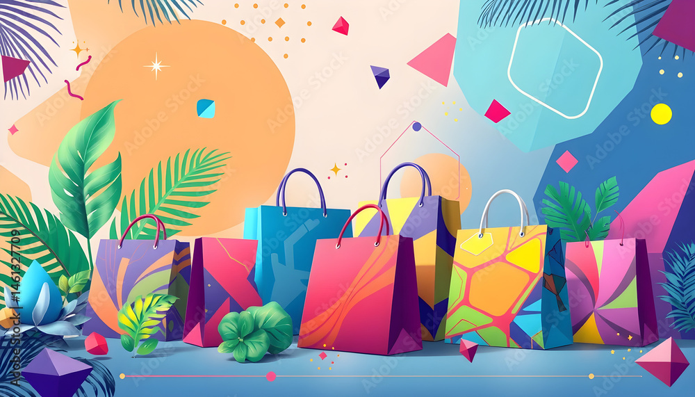 Fototapeta premium Colorful shopping bags display art creative studio digital illustration bright environment artistic perspective