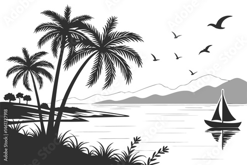 72 Tropical beach silhouette, palm trees, island landscape, sunset over ocean, black and white illustration, minimalist design, tranquil scene, seagull in flight, calm waters, rocky shoreline, cloudsc