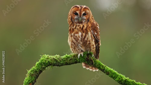 Tawny owl rotating its head from its back towards the front while sitting on moss-covered branch, closeup static