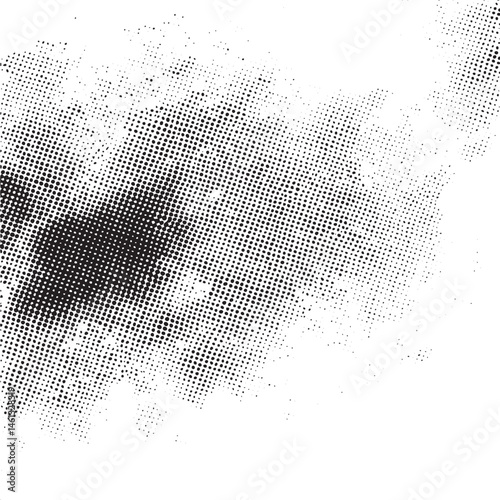 A dynamic fragmented of black dots against a white background creates an abstract visual texture.