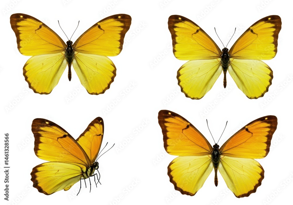 Fototapeta premium Four yellow butterflies with brown markings are displayed on a white background in various poses