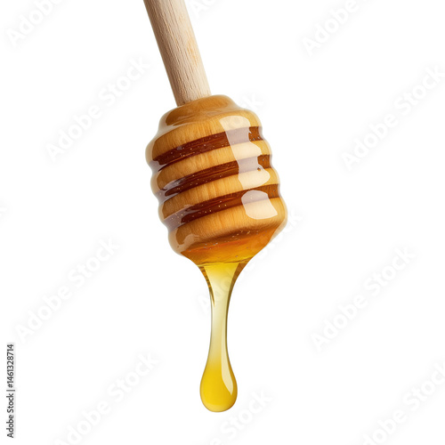 Golden honey dripping from a wooden dipper. PNG image, transparent background