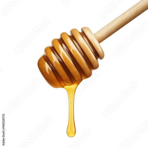 Honey drips from a wooden dipper in bright light. PNG image, transparent background