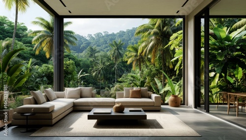 Luxurious open plan living room merging with verdant tropical jungle, minimalist furnishings framing expansive glass windows dissolving boundaries between interior and exterior environments