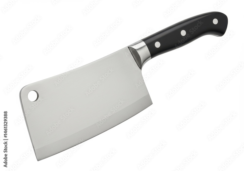 A stainless steel meat cleaver with a black handle sits on a white background, ready for food preparation A stainless steel meat cleaver with a black handle sits on a white background, ready for food preparation