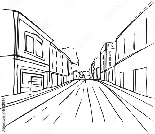 A black and white drawing depicts a long straight street lined with buildings.