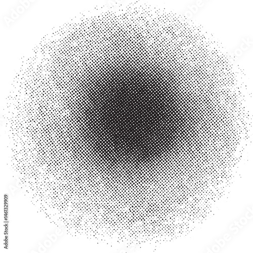 A densely dotted circle gradually transitions from black to white creating a striking visual effect.