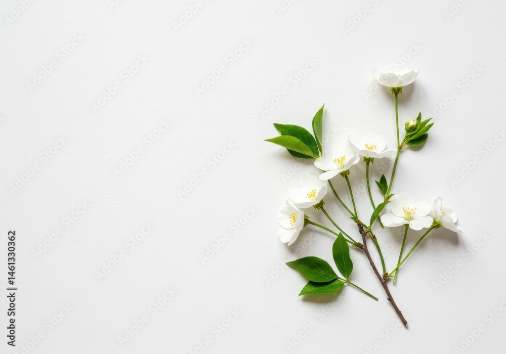 Fototapeta premium Sprig of delicate white flowers and green leaves arranged on a clean white background with copy space