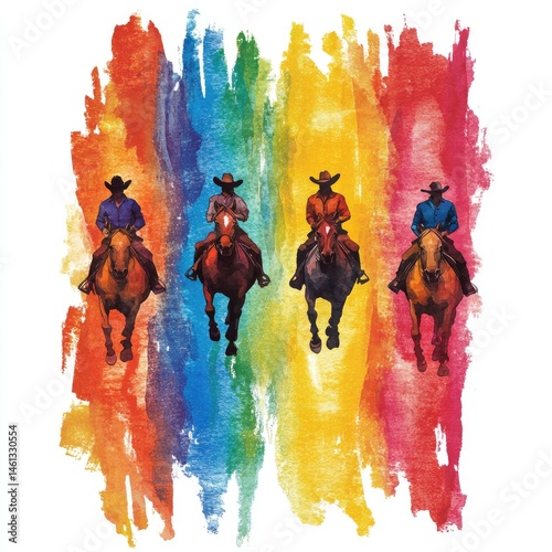 Colorful cowboys riding horses in a rainbow