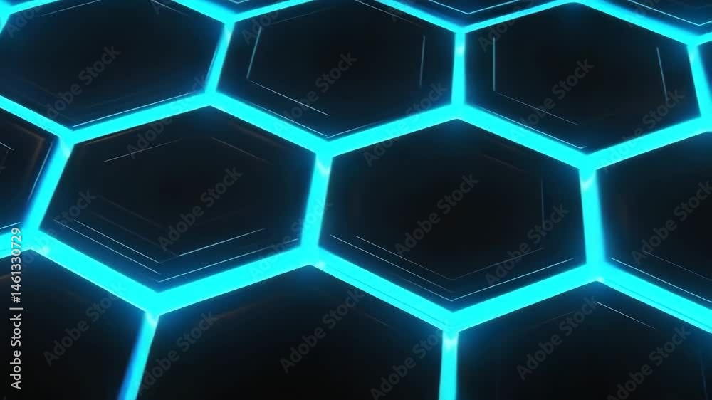 Futuristic hexagonal pattern with glowing blue edges on a dark background.