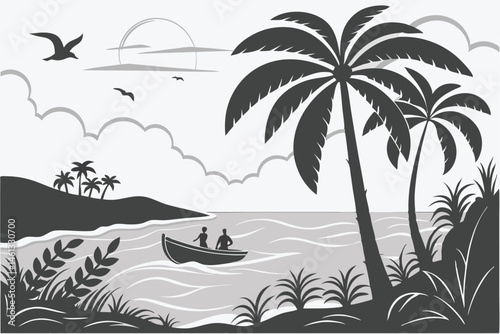 73 Tropical beach silhouette, palm trees, mountains, sunset, boat on water, black and white illustration, minimalist design, serene landscape, birds in flight, tranquil scene, reflections on water, mo