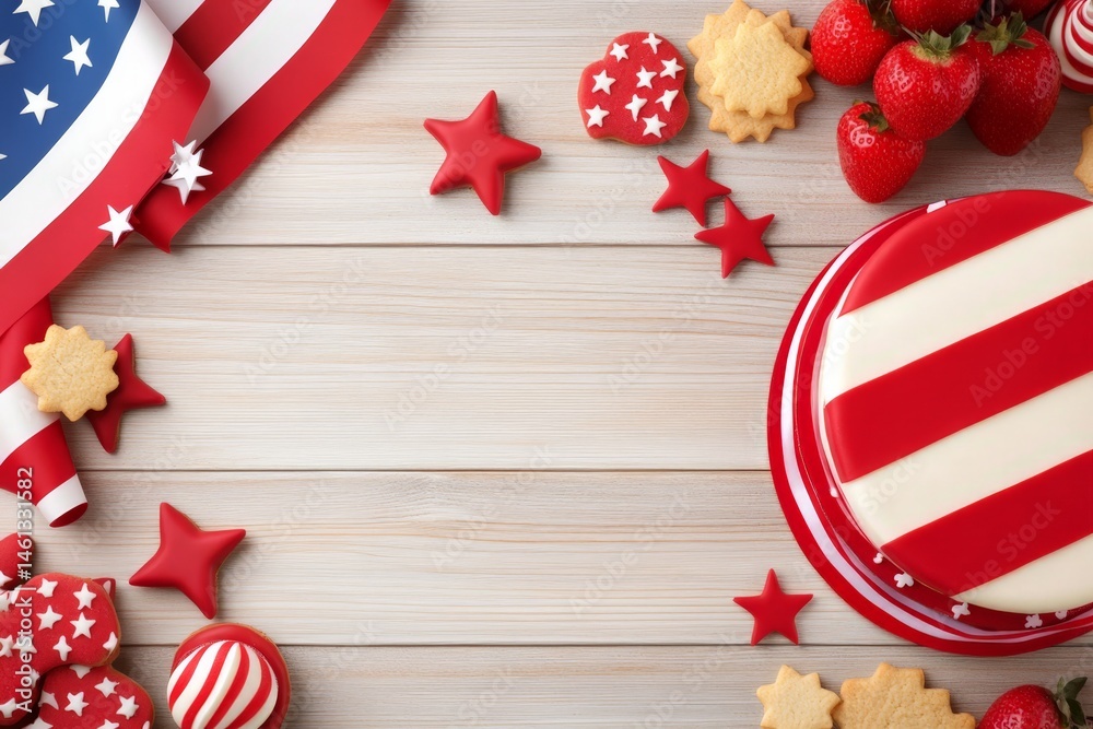 Obraz premium Patriotic celebration with american flag cake and red berries on wooden table