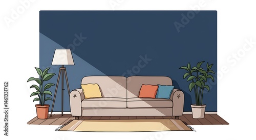 cute cartoon illustration, interior of cozy modern living room with sofa against blank, dark blue wall. ,isolated on bright background, no text
