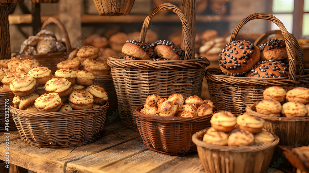 Assorted Baked Goods In Wicker Baskets On Rustic Wooden Table Assorted Baked Goods In Wicker Baskets On Rustic Wooden Table