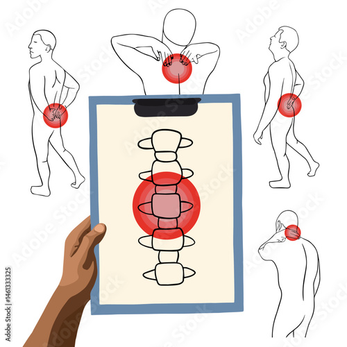 Vector isolated illustration of spine pain treatment. Rheumatism treatment. Rehabilitation. Spinal injuries.