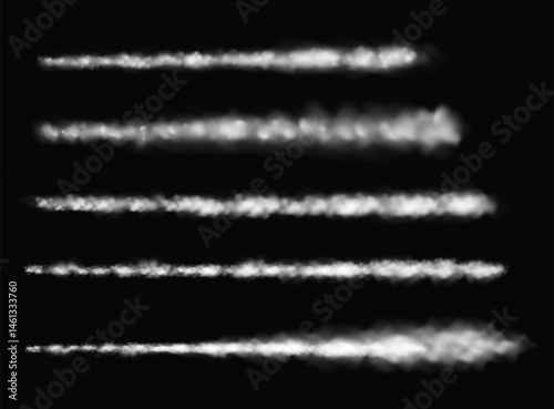 Smoke tail. Realistic white smoke plane track. Airplane, fly jets trail, speed cloud trails. Jet or rocket vapor steam tracks. Vector isolated set.