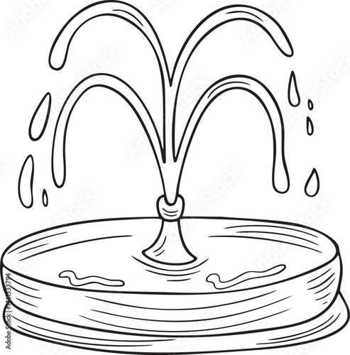 A stylized black and white fountain sprays water into the air.