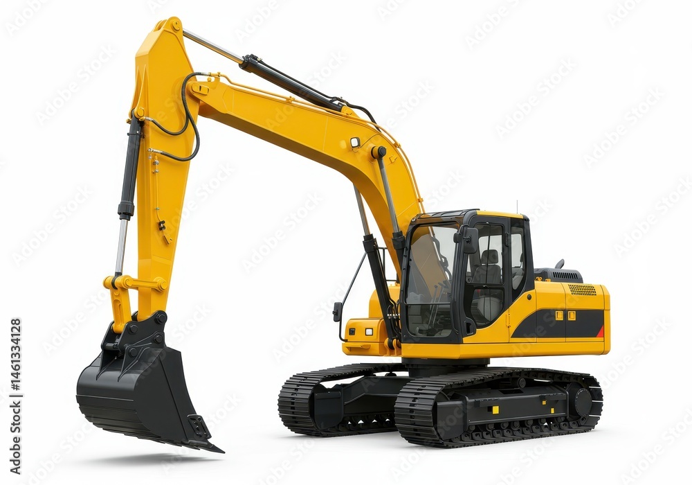 Yellow excavator with black treads and bucket isolated on a white background in a studio setting Yellow excavator with black treads and bucket isolated on a white background in a studio setting