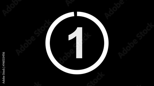 5 seconds countdown timer with white circle countdown animation and white number countdown on black background 0 to 5 seconds on transparent background with alpha channel, 5 second countdown time