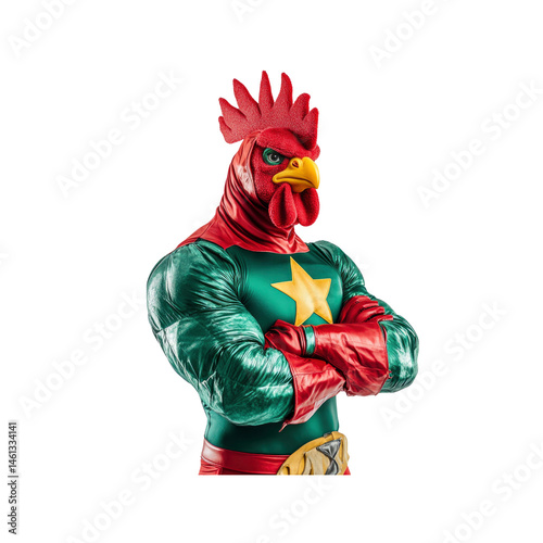 Super Rooster Strong, Confident Rooster Superhero in a Green and Red Costume